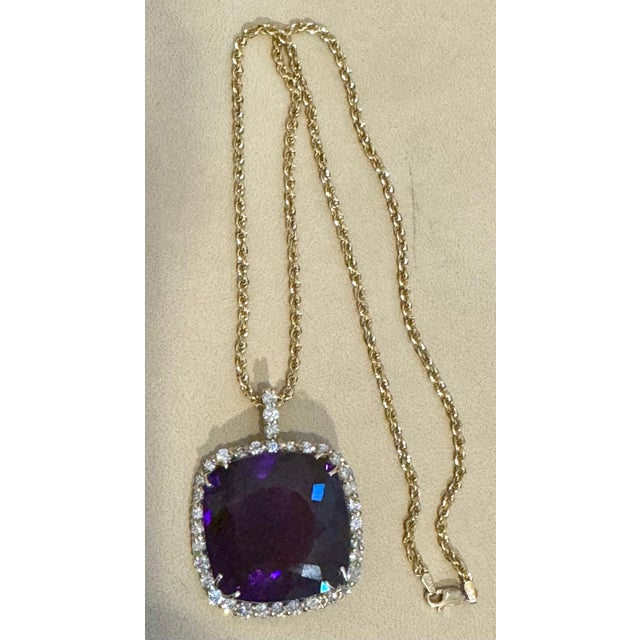 Gemstone 110Ct Cushion Amethyst & 5 Ct Diamond Pendant Necklace 14 K Yellow Gold + Chain For Sale - Image 7 of 18