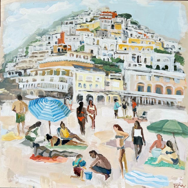 Italian beach scene 30 x 30 x 1.5" acrylic on wood panel with sides painted grey
