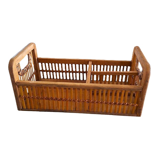 Mid 20th Century Wooden Rattan Divided Basket Caddy With Handles - Storage, Decor, Office Accessory For Sale