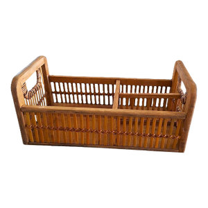 Mid 20th Century Wooden Rattan Divided Basket Caddy With Handles - Storage, Decor, Office Accessory