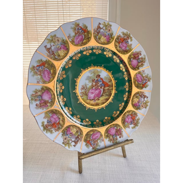 Mid 20th Century Vintage Fragonard Love Story Plates, Royal Vienna Bavarian Porcelain, Green & Gold - Set of 2 For Sale - Image 5 of 12