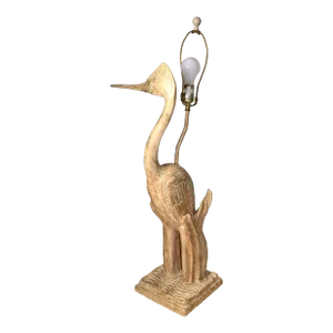 1980s Hollywood Regency Animal Figurine Hand Carved Cedar Wood Heron Bird Table Lamp