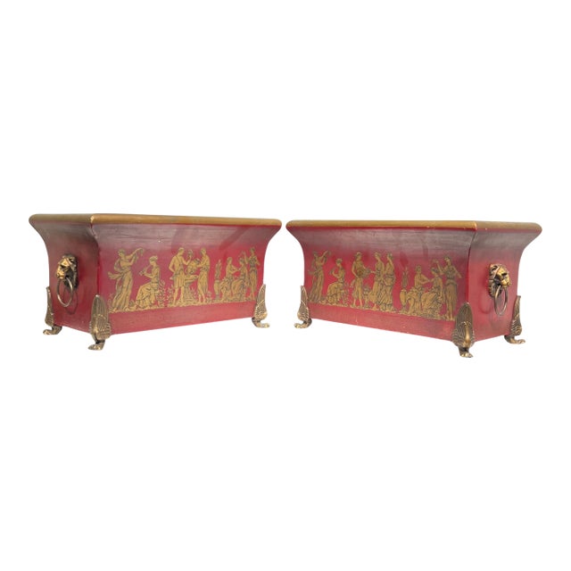 Pair Vintage Greek / Roman Neoclassical Red Painted Tole and Bronze Jardinieres For Sale
