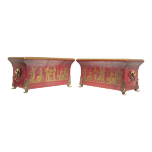 Pair Vintage Greek / Roman Neoclassical Red Painted Tole and Bronze Jardinieres