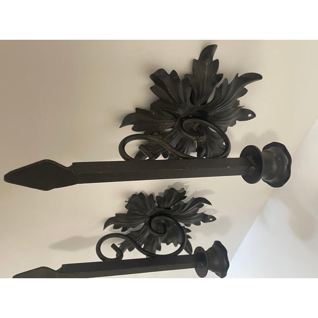 Farmhouse Vintage Pair of Iron Medallion Candle Wall Sconces Medieval Gothic Spanish Revival Candle Holders Morning Star Style For Sale - Image 3 of 5