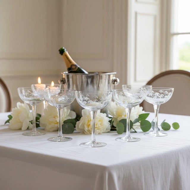Transparent Vintage Sasaki Noritake Bamboo Etched Crystal Champagne Coupe Glasses - Set 7 For Sale - Image 8 of 10