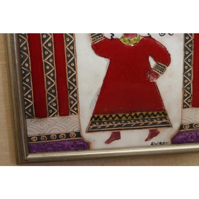 Awret Original Painted Ceramic Relief Tile Depicting Woman With Basket of Fruit, Signed and Framed For Sale - Image 14 of 17