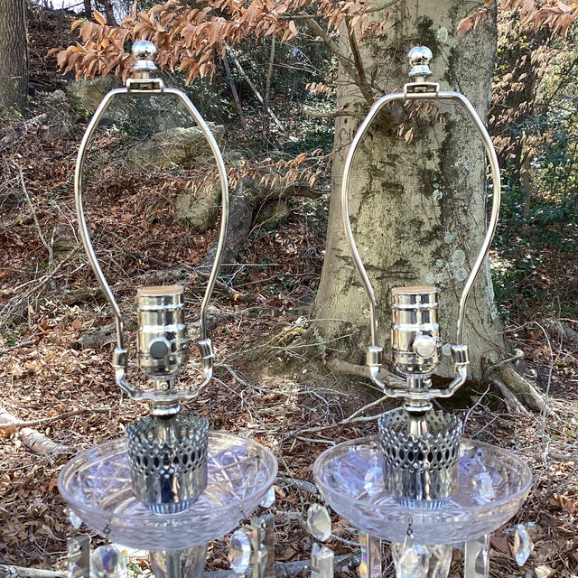 Metal Vintage Pair of Large Crystal Lamps With Silk Drum Shades - Newly Rewired For Sale - Image 7 of 8