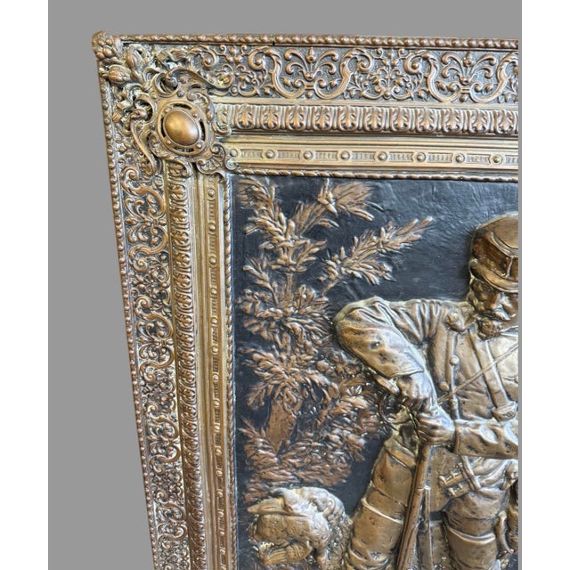 Antique Brass Repoussé Hanging Scenic Plaque Hunter With His Dog & Game Animals For Sale - Image 6 of 11