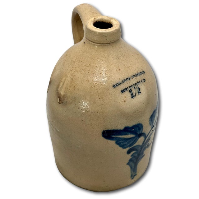 Ceramic Excellent & Unsusal 1 1/2 Gallon Size Antique American Blue Flower Decorated Stoneware Jug From Vermont Circa 1870s For Sale - Image 7 of 18