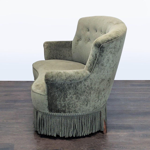 Traditional Vintage Green Velvet Loveseat With Button Back and Fringe Skirt For Sale - Image 3 of 7