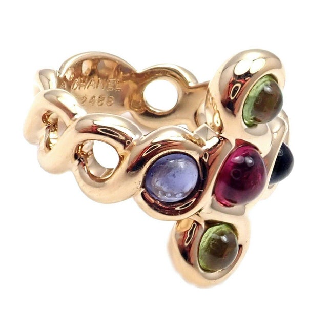 Contemporary Chanel 18k Yellow Gold Pink Green Tourmaline Ring sz 4.5 For Sale - Image 3 of 7
