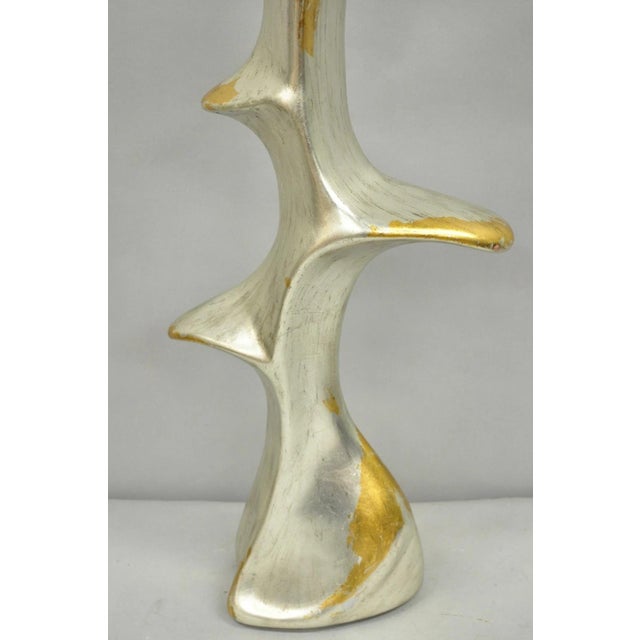 Mid-Century Modern Vintage Brutalist Silver Gold Leaf Sculptural Ceramic Large Abstract Table Lamp For Sale - Image 3 of 12