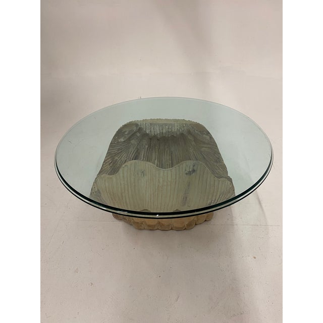 Italian Carved Wood Shell Base Coffee Table With Round Glass Top | Chairish