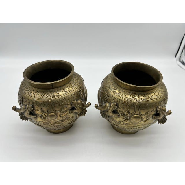 Chinoiserie Pair of Antique Chinese Cast Brass Vases, Circa 1900 For Sale - Image 3 of 12