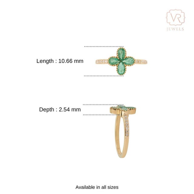 Modern Four-Leaf Emerald Diamond Clover Ring Size 4 in 14k Yellow Gold For Sale - Image 11 of 17