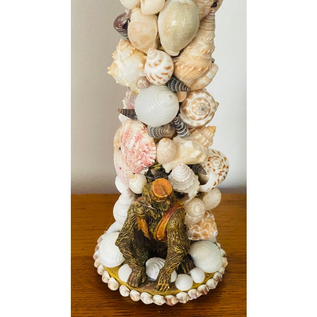 Safari Whimsical Pair Sea Shell Encrusted Candlesticks With Shell Globes and Monkeys Figure For Sale - Image 3 of 8