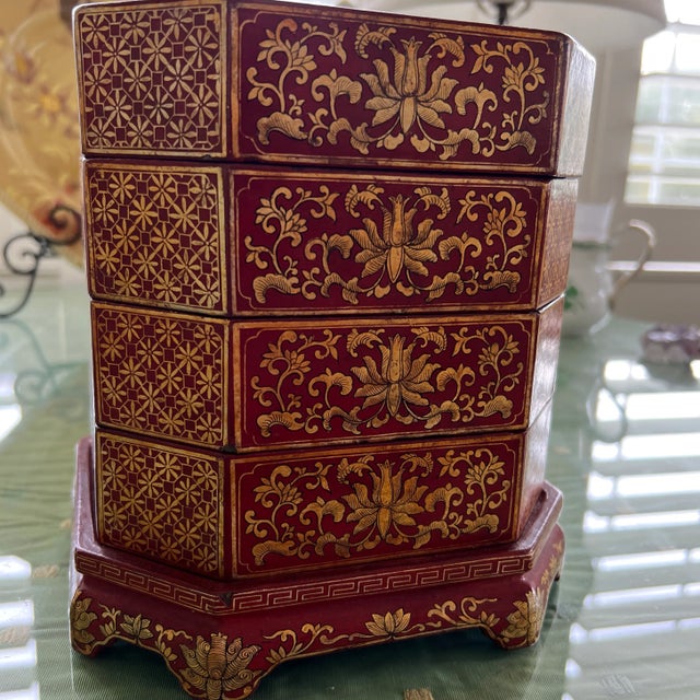 Vintage Chinese Red Lacquer Stacking Jewelry Box For Sale - Image 12 of 12