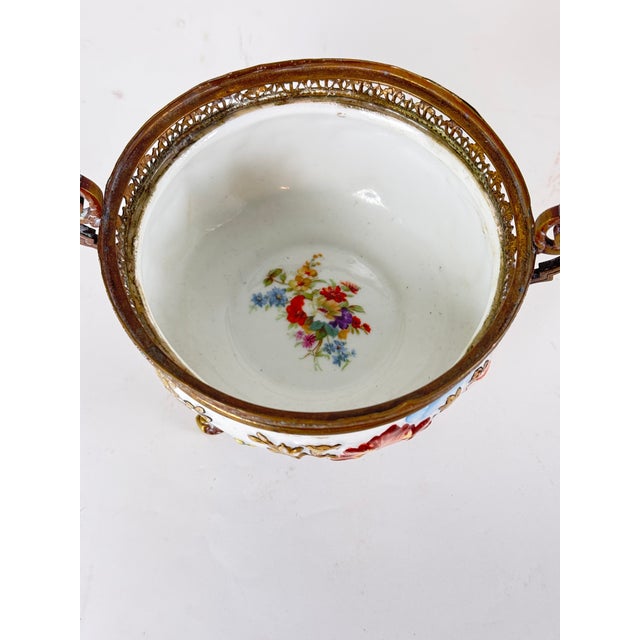 Vintage French "N" Mark Footed Cherub Bowl With Ormolu Trim & Floral Interior | Two Handled | Blue Crowned N For Sale - Image 9 of 13