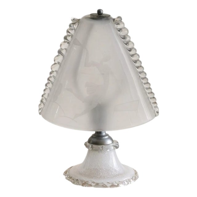 Petite Italian Art Deco Etched Murano Glass Lamp, 1940s For Sale