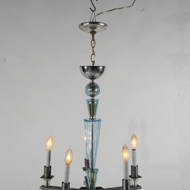 Art Deco Mid Century Modern Chrome & Aqua Blue Glass Five-Light Chandelier C1950 For Sale - Image 9 of 9
