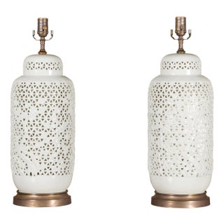 19th Century White Porcelain Vases with Floral Décor Made into Table Lamps, Pair For Sale