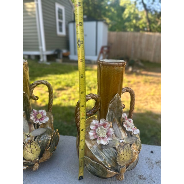 Pair of Antique French Art Nouveau Barbotine Majolica Vases With Applied Flowers For Sale - Image 10 of 12