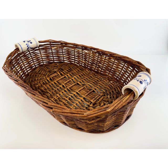 Wood Vintage Woven Wicker Basket With Blue & White Porcelain Handles For Sale - Image 7 of 11
