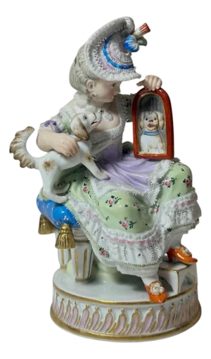 Early 18th Century Meissen Porcelain Figure of a Girl With a Dog and Looking Glass