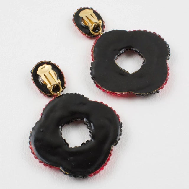 Richard Kerr Richard Kerr Red and Black Jeweled Pair of Dangle Clip Earrings For Sale - Image 4 of 6