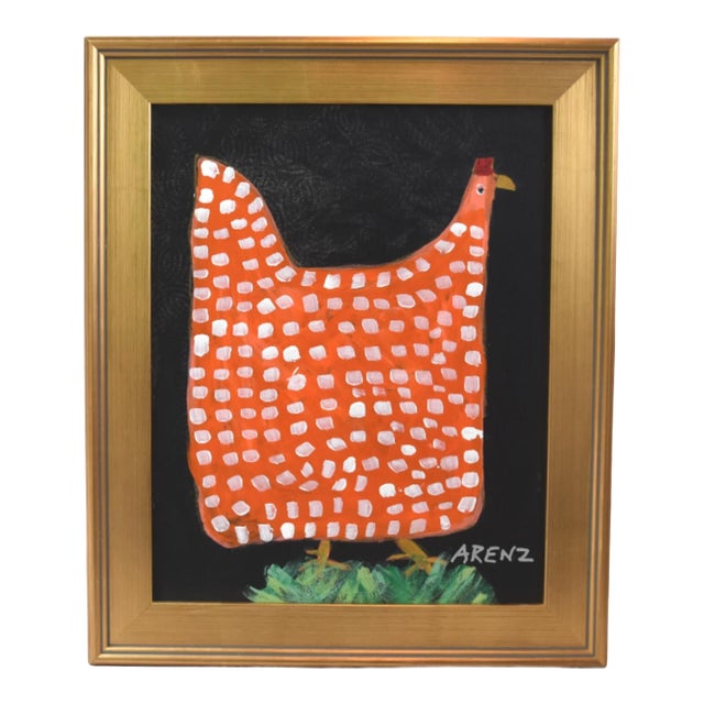 Original Orange Folk Art Chicken Hen Painting by Ruth Arenz Including the Antiqued Gold Wood Fame For Sale
