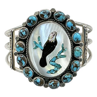 1970s Vintage Southwestern Dine’ Navajo Ben Touchine Turquoise & Sterling Large Cuff Bracelet - 7” For Sale