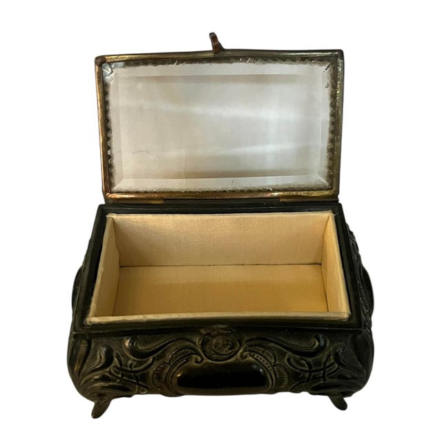 Metal Art Nouveau Floral Relief Metal Trinket or Jewelry Box With Hinged Glass Lid For Sale - Image 7 of 7
