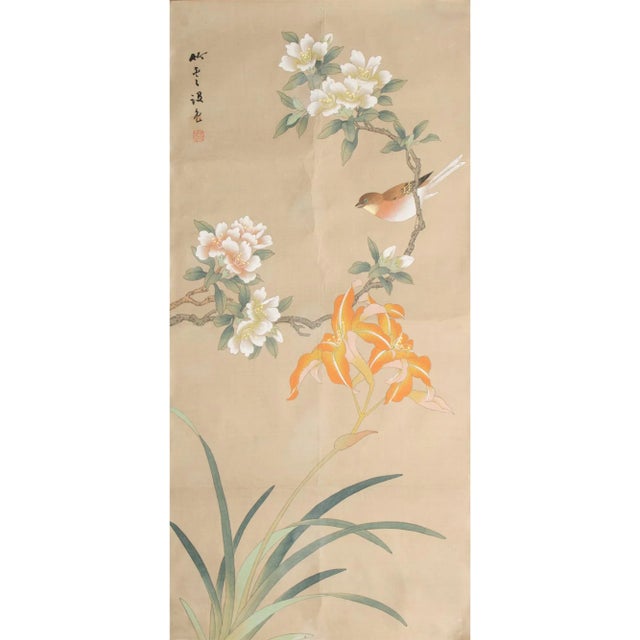 Post-1940 Showa Japanese Silk Scroll "Rosefinch and Camellias" For Sale - Image 12 of 12