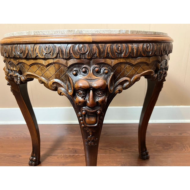 Antique French Renaissance Revival Center Table Round Marble Carved Walnut C1900 For Sale - Image 14 of 18