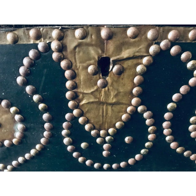 Traditional Antique French Leather Wrappedd Studded Dome Top Lined Box For Sale - Image 3 of 8
