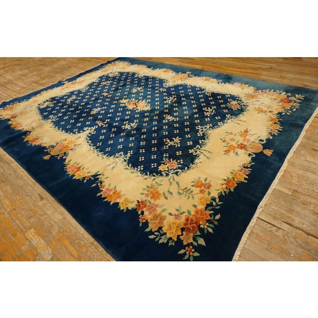 1930s Blue Navy Roses 4 Star Antique Chinese Art Deco Carpet 9' X 11'4" Knotted Wool Rug For Sale - Image 4 of 14