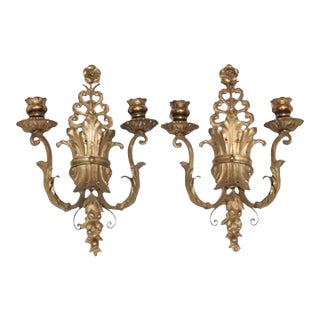 Mid 20th Century Ornate Italian Double Arm Acanthus Leaf Wall Sconces- A Pair For Sale