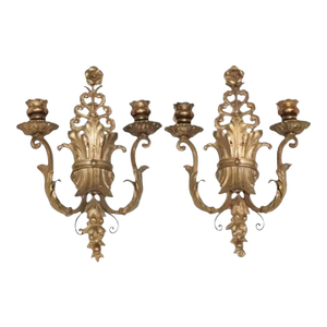 Mid 20th Century Ornate Italian Double Arm Acanthus Leaf Wall Sconces- A Pair