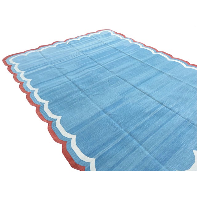 Textile Not Yet Made - Made To Order Handmade Cotton Area Rug Natural Vegetable Dyed Flat Weave Sky Blue Terracotta Border Four Side Scalloped Dhurrie - 6'x9' For Sale - Image 7 of 11
