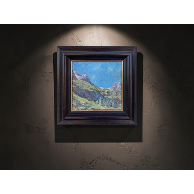 Mountain Landscape Painting Antique Alpine oil painting featuring a mountain landscape, framed in rich dark wood; an ideal...