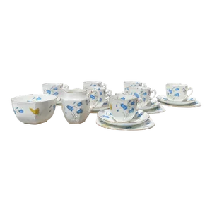 1920s Art Deco Royal Albert Set of 7 Teacups and 8 Saucers, 8 Dessert Plates, and a Creamer and Sugar, 1 Extra Saucer and Dessert Plate Set- 25 Pieces