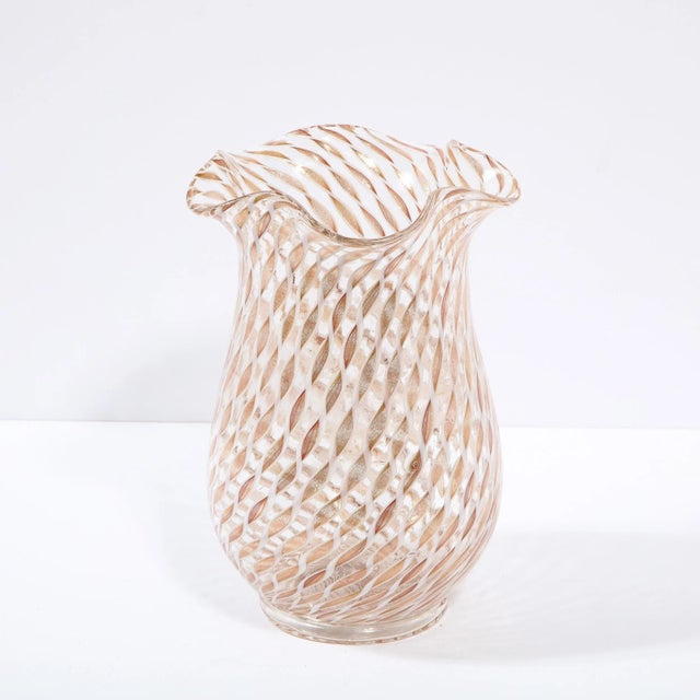 Mid-Century Modern Mid Century Modern Hanblown Murano Scalloped Top Vase w/ 24kt Gold Helix Pattern For Sale - Image 3 of 11