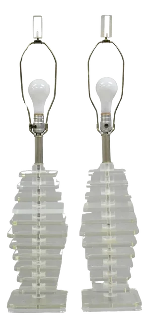 Vintage Mid Century Modern Stacked Lucite Skyscraper Table Lamps - A Pair