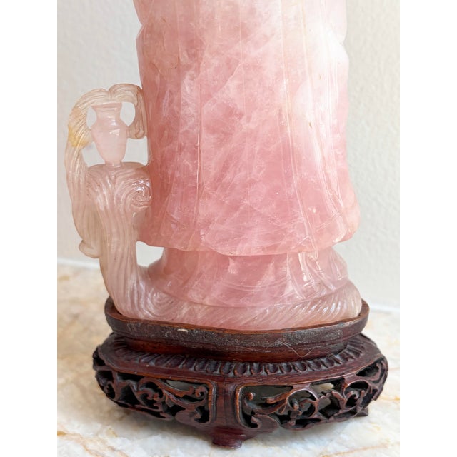 Rose Antique Chinese Qing Dynasty Rose Quartz Guanyin Kwan Yin Figurine W/ Stand For Sale - Image 8 of 12
