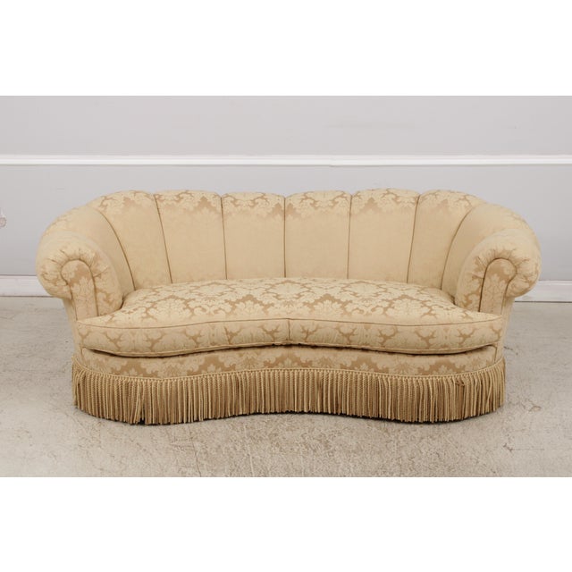Traditional Century Channel Back Upholstered Damask Sofa For Sale - Image 3 of 17