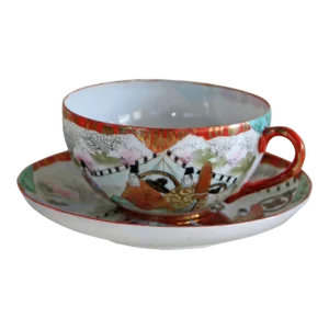 Antique Japanese Kutani Egg Shell Porcelain Hand Painted Cup and Saucer Set- 2 Pieces