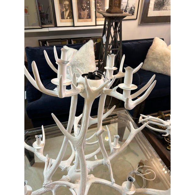 Large White Painted Faux Buckhorn Chandelier For Sale - Image 4 of 9