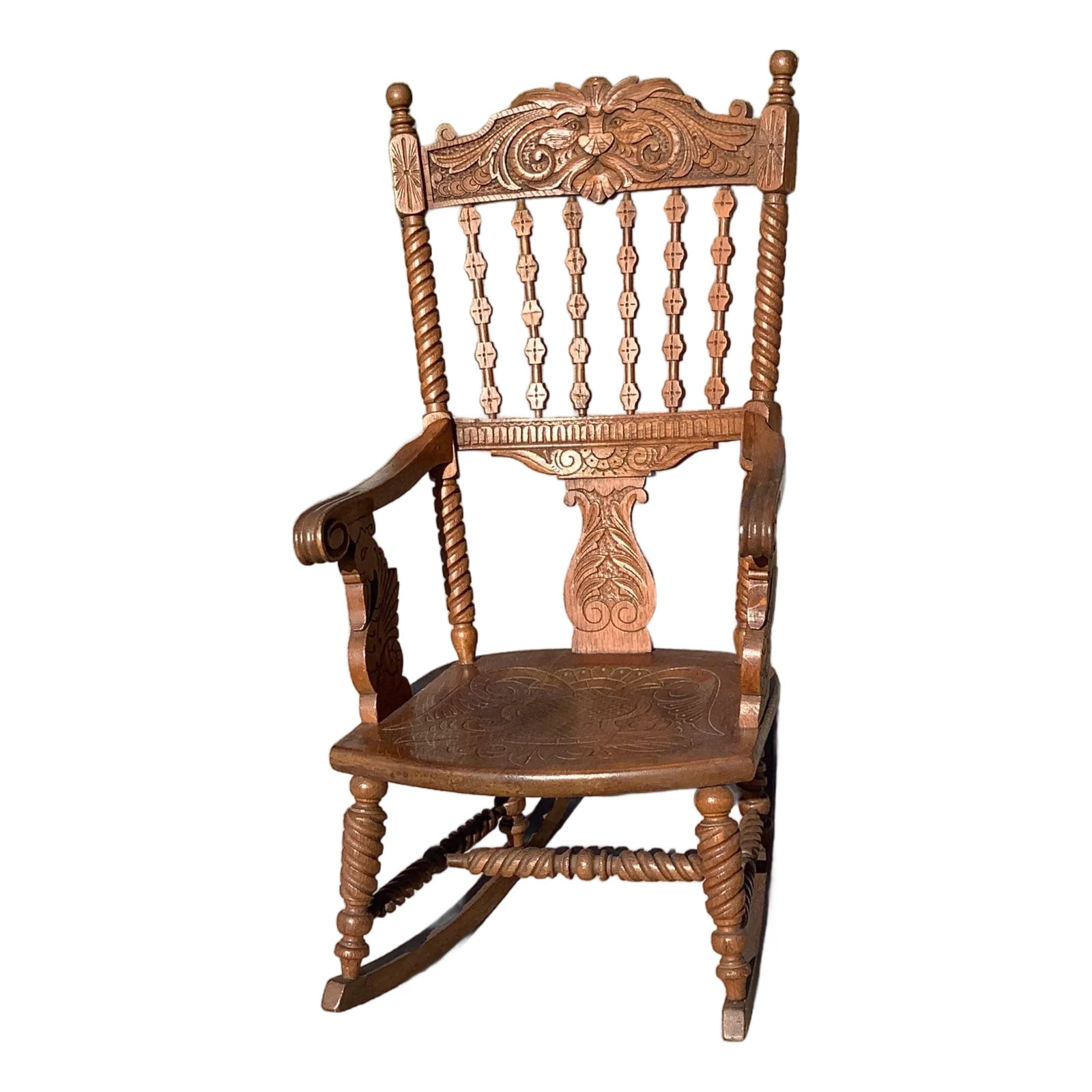 Antique Barley Spindle Old Man Winter Oak Rocking Chair | Chairish