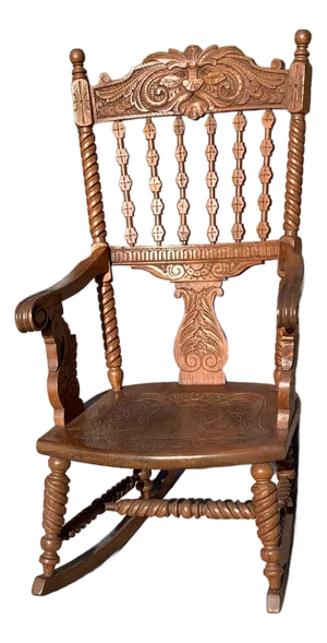 Antique Barley Spindle Old Man Winter Oak Rocking Chair